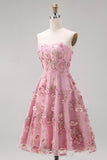 Strapless A Line Floral Pink Appliqued Wedding Guest Dress