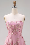 Strapless A Line Floral Pink Appliqued Wedding Guest Dress