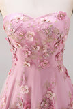 Strapless A Line Floral Pink Appliqued Wedding Guest Dress