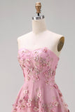 Strapless A Line Floral Pink Appliqued Wedding Guest Dress