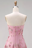 Strapless A Line Floral Pink Appliqued Wedding Guest Dress