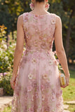 Pink Floral A Line Sleeveless Appliqued Midi Wedding Guest Dress