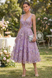 Floral A Line Lilac Sleeveless Appliqued Midi Wedding Guest Dress