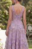 Floral A Line Lilac Sleeveless Appliqued Midi Wedding Guest Dress