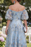 Off the Shoulder Floral A Line Blue Ruched Wedding Guest Dress