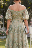 Off the Shoulder Floral A Line Blue Ruched Wedding Guest Dress