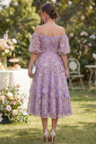 Off the Shoulder Floral A Line Blue Ruched Wedding Guest Dress