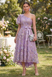 One Shoulder Floral Appliqued A Line Lilac Bowed Wedding Guest Dress