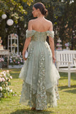 Off the Shoulder Corset Dusty Green Floral A Line Wedding Guest Dress