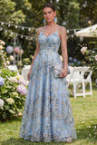 Blue Floral A Line Ruched Appliqued Maxi Wedding Guest Dress