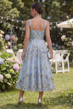 Floral Blue Appliqued A Line Ruched Midi Wedding Guest Dress