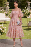 Off the Shoulder Floral Pink Appliqued A Line Wedding Guest Dress