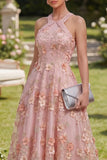 Halter Cut Out Floral Pink Appliqued A Line Wedding Guest Dress