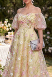 Off the Shoulder A Line Floral Light Yellow Wedding Guest Dress
