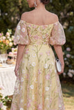 Off the Shoulder A Line Floral Light Yellow Wedding Guest Dress