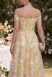 Light Yellow Floral Off the Shoulder A Line Ruched Wedding Guest Dress