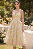 Floral Light Yellow Embroidered A Line Corset Wedding Guest Dress