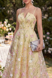 Light Yellow Corset Embroidered A Line Floral Midi Wedding Guest Dress