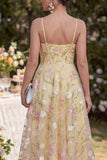 Light Yellow Corset Embroidered A Line Floral Midi Wedding Guest Dress