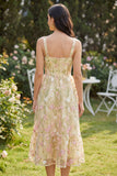 Embroidered Light Yellow A Line Floral Midi Wedding Guest Dress