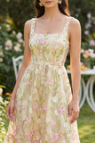 Embroidered Light Yellow A Line Floral Midi Wedding Guest Dress