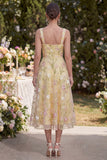 Floral A Line Light Yellow Spaghetti Straps Midi Wedding Guest Dress