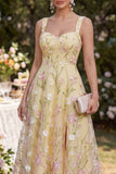 Floral A Line Light Yellow Spaghetti Straps Midi Wedding Guest Dress