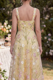 Floral A Line Light Yellow Spaghetti Straps Midi Wedding Guest Dress