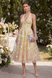 Halter A Line Light Yellow Floral Backless Midi Wedding Guest Dress