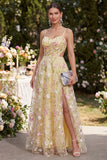 Light Yellow Cut Out Floral Ruched A Line Maxi Wedding Guest Dress