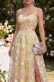 Light Yellow Cut Out Floral Ruched A Line Maxi Wedding Guest Dress
