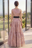 Blush A Line Ruffled Floral Brocade Wedding Guest Dress with Bow