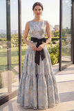 Blush A Line Ruffled Floral Brocade Wedding Guest Dress with Bow
