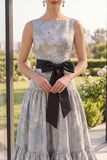 Blush A Line Ruffled Floral Brocade Wedding Guest Dress with Bow