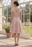 A Line Floral Blush Brocade Wedding Guest Dress with Short Sleeves