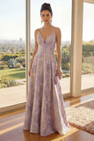 Floral A Line Brocade Dusty Lilac Maxi Wedding Guest Dress