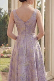 Boat Neck Floral Brocade Dusty Lilac A Line Midi Wedding Guest Dress