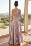 One Shoulder Ruched Floral Dusty Lilac A Line Maxi Wedding Guest Dress