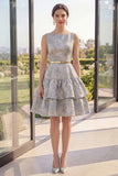 Tiered Floral Dusty Blue A Line Wedding Guest Dress with Belt
