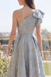 One Shoulder Dusty Blue Floral A Line Brocade Wedding Guest Dress