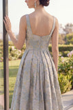 Dusty Blue Floral A Line Pleated Maxi Wedding Guest Dress