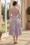 A Line Floral Brocade Dusty Lilac Midi Wedding Guest Dress