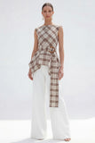 2 Piece Bateau Neck Grey Grid Women's Linen Suits with Belt