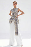 2 Piece Bateau Neck Grey Grid Women's Linen Suits with Belt