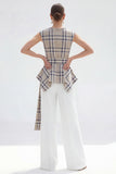 2 Piece Bateau Neck Grey Grid Women's Linen Suits with Belt