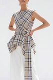 2 Piece Bateau Neck Grey Grid Women's Linen Suits with Belt