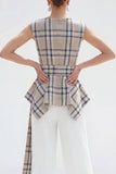 2 Piece Bateau Neck Grey Grid Women's Linen Suits with Belt