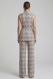 Grey Grid 2 Piece Peaked Lapel Women's Linen Suits with Pockets