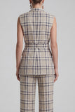 Grey Grid 2 Piece Peaked Lapel Women's Linen Suits with Pockets
