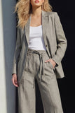 2 Piece Grey Notched Lapel Women's Linen Suits with Pockets